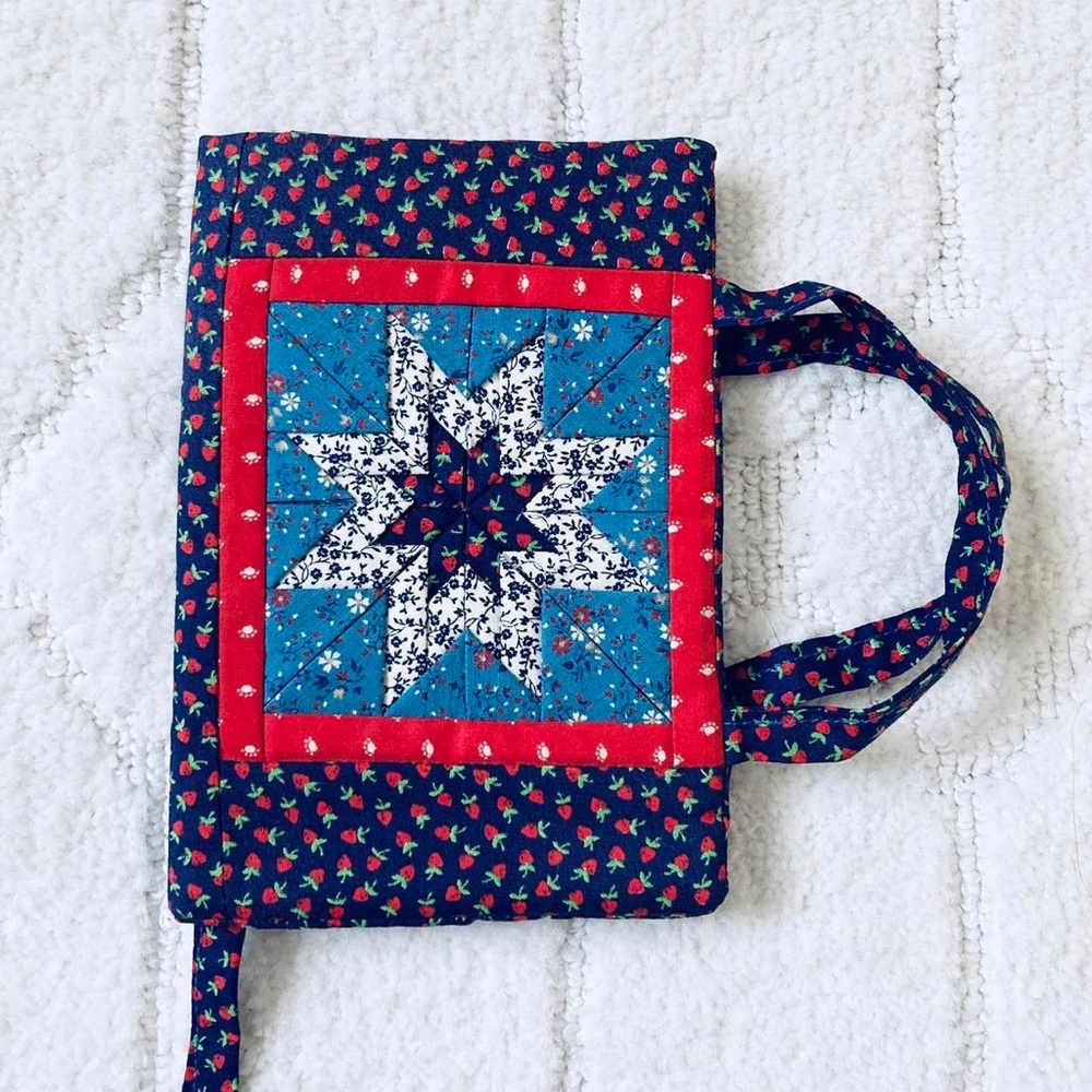 Vintage Blue and Red Strawberries handmade quilted small book cover